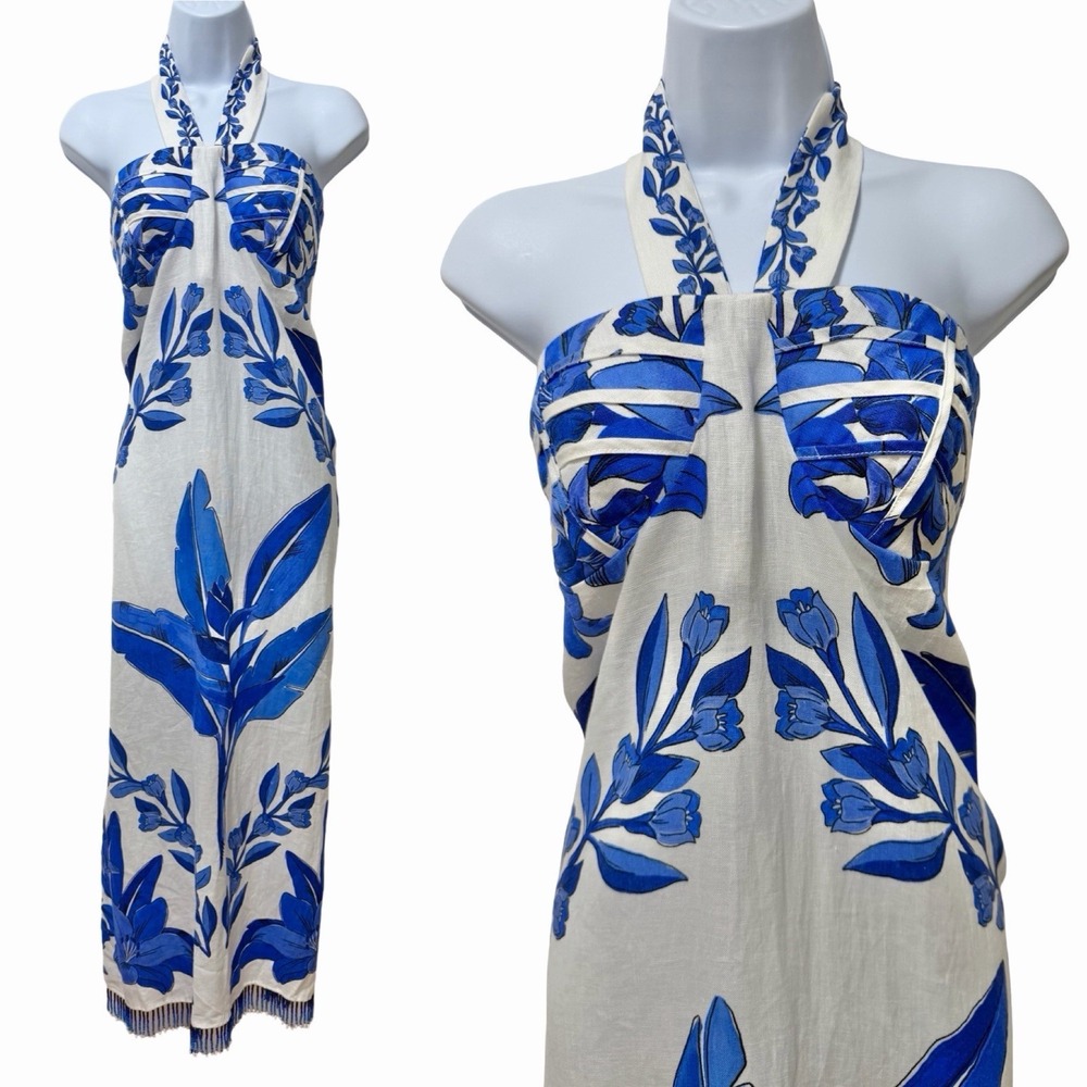 Farm Rio Blue Yard Office White Sleeveless Halter Maxi Dress Size L Tropical NEW - Picture 2 of 16